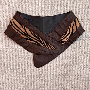 Vintage 90’s Wide Brown Leather Wrap Belt w/ Animal Print Panel Boho Statement